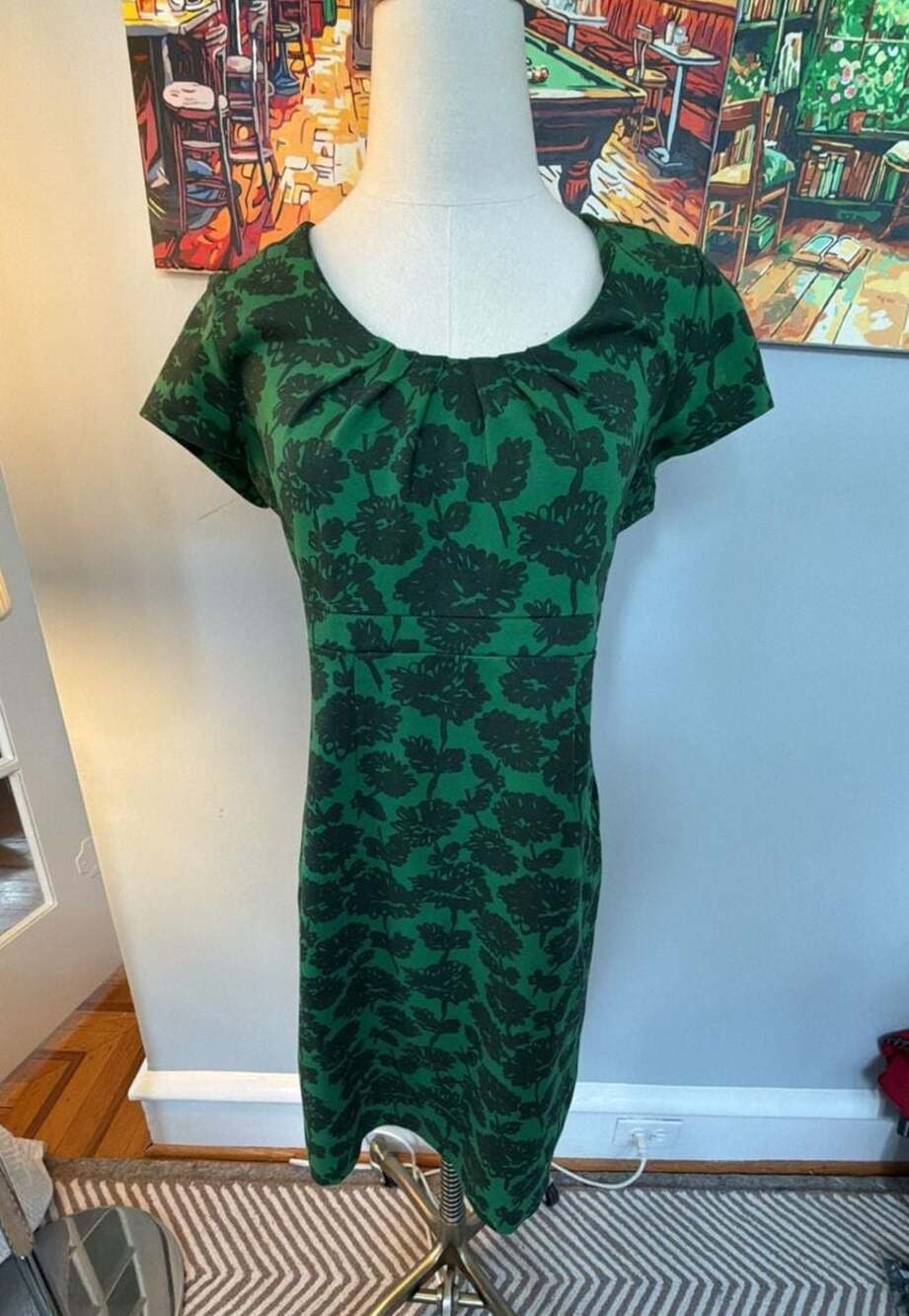 Boden Green Floral Print Short Sleeve Sheath Dress US 6R
